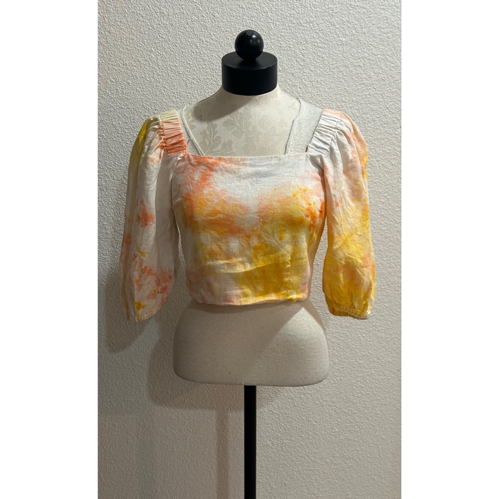 Bel Kazan Anthropologie Linen Smocked Back Puff Sleeves Crop Top Medium Tie Dye